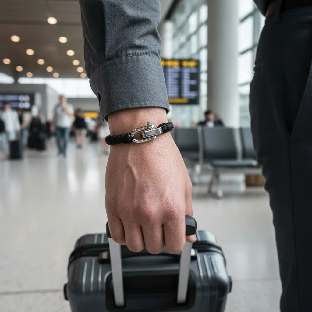 Homem segurando uma mala em aeroporto enquanto usa pulseira masculina de corda preta com fecho metálico prateado.