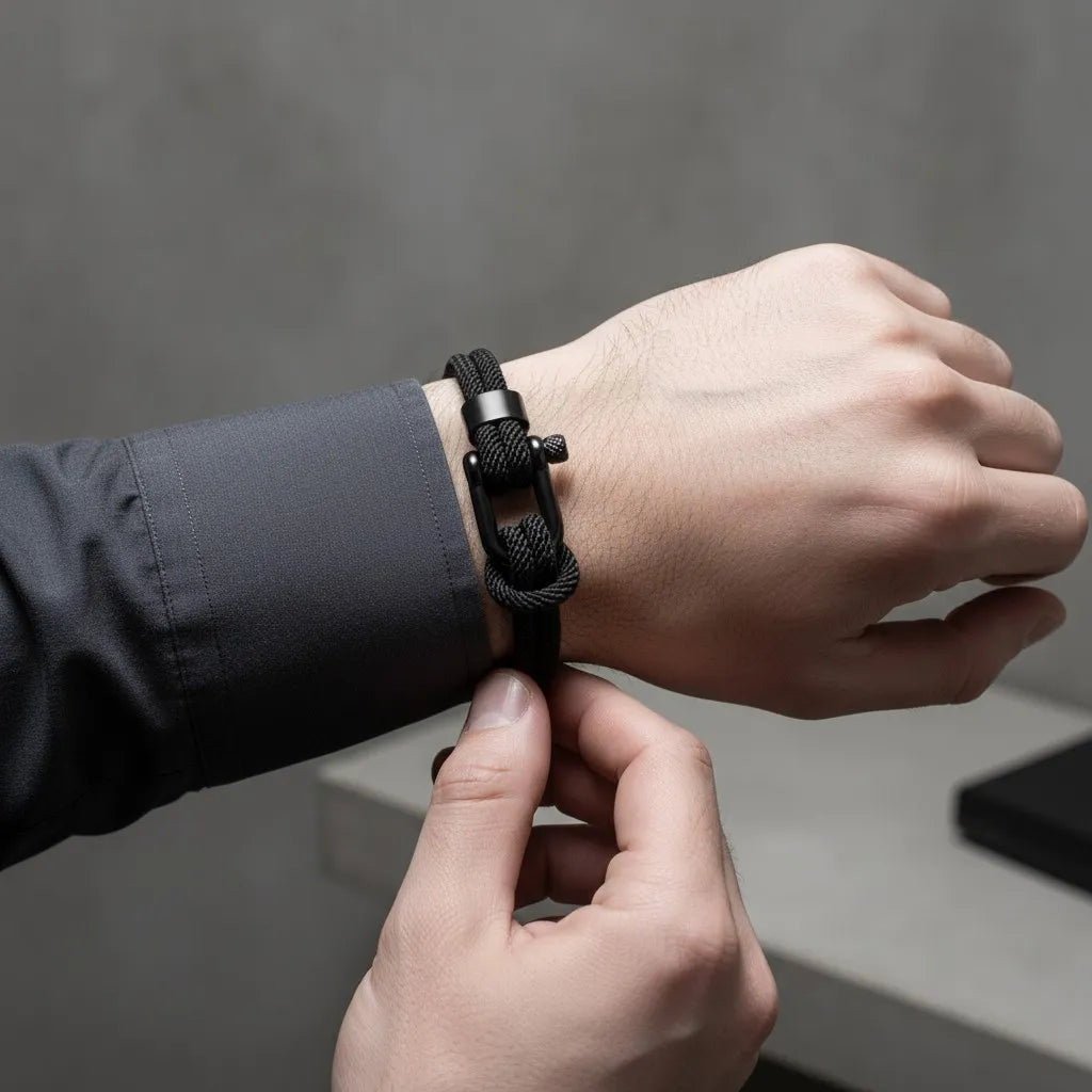 Close no pulso com pulseira masculina de corda preta e fecho preto sendo ajustada com a outra mão.