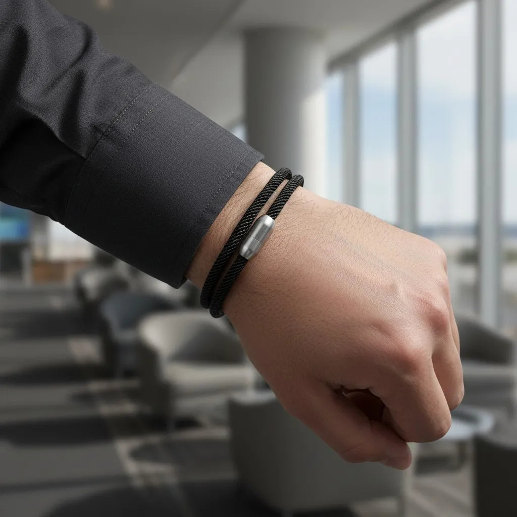Homem usando pulseira masculina de corda preta com design minimalista e fecho prateado em ambiente moderno.