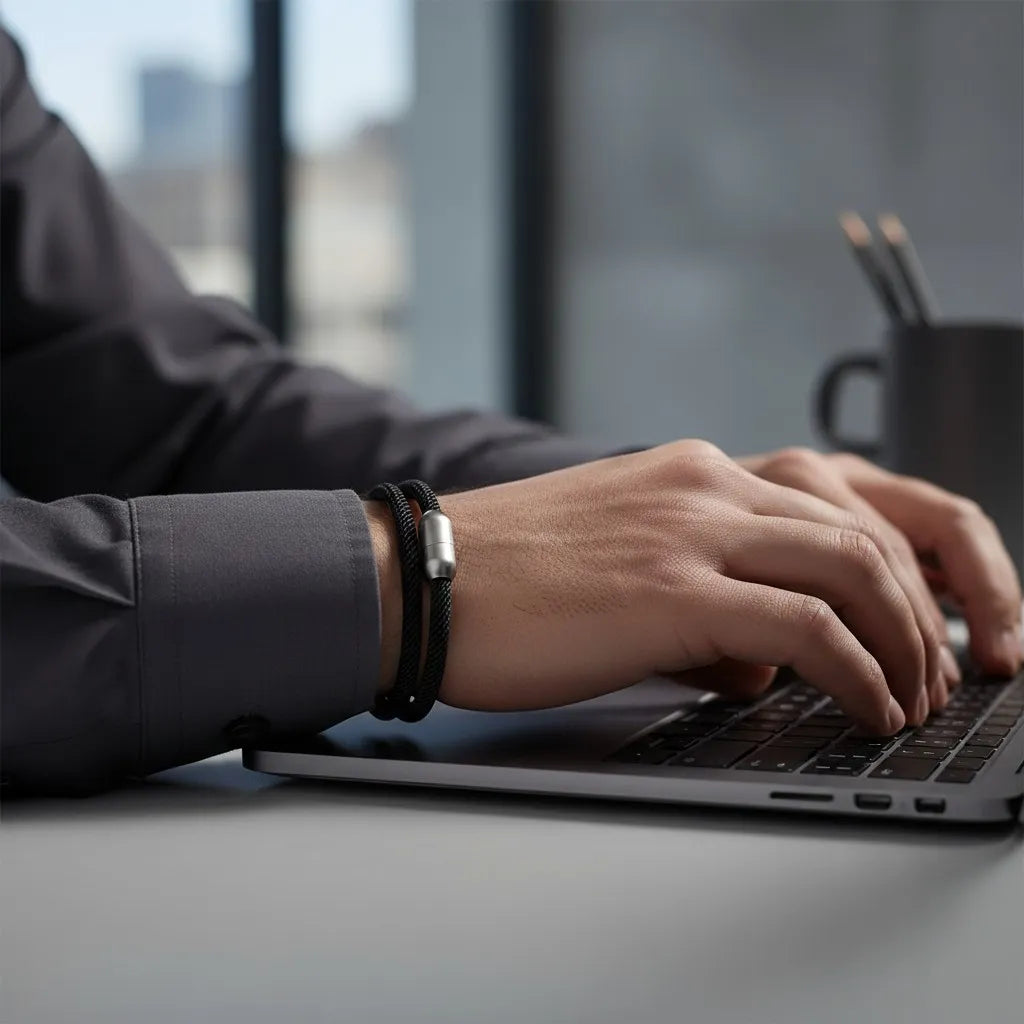 Homem digitando no notebook enquanto usa pulseira masculina de corda preta com fecho prateado e estilo minimalista.