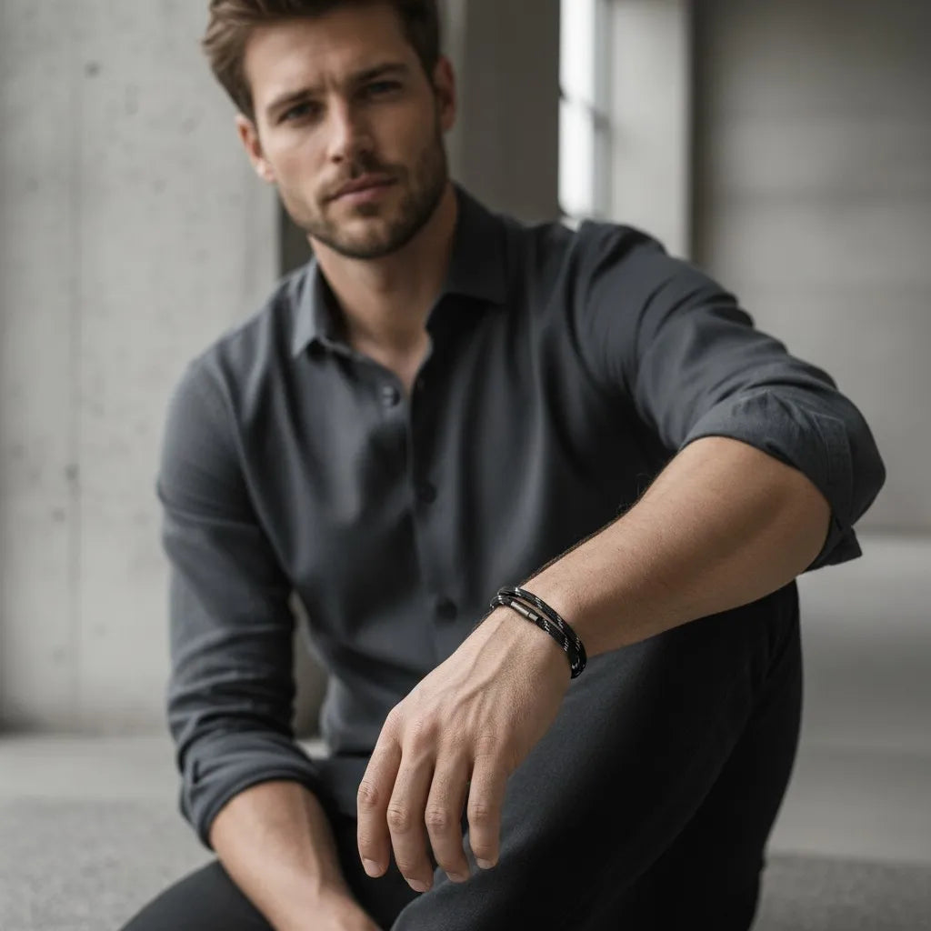 Homem usando pulseira masculina de corda preta com detalhes brancos em uma composição social e minimalista.