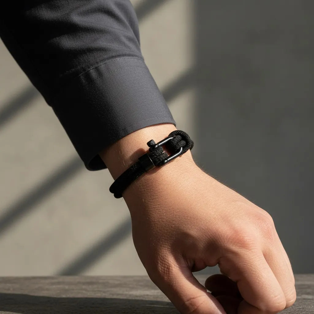 Close no pulso com pulseira masculina de corda preta e fecho preto em ambiente com luz natural.