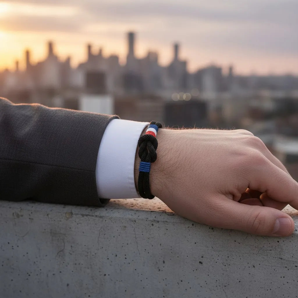 Pulseira masculina de corda preta com nó e detalhes em azul, branco e vermelho no pulso, com cidade ao pôr do sol ao fundo.