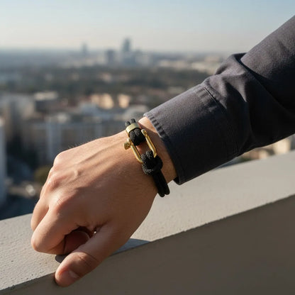 Close da pulseira masculina de corda preta com fecho metálico dourado no pulso diante de uma vista urbana.