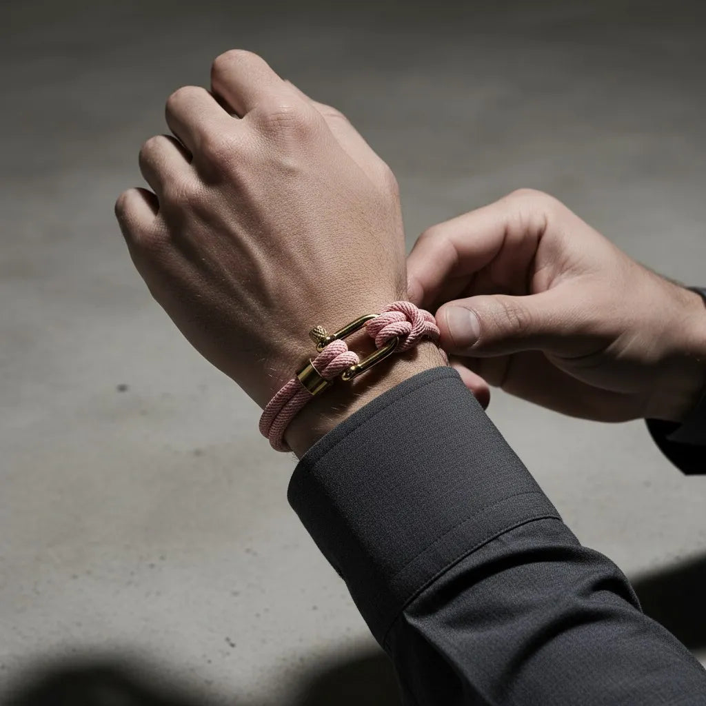 Homem ajustando pulseira masculina de corda rosa com fecho dourado em um ambiente moderno.