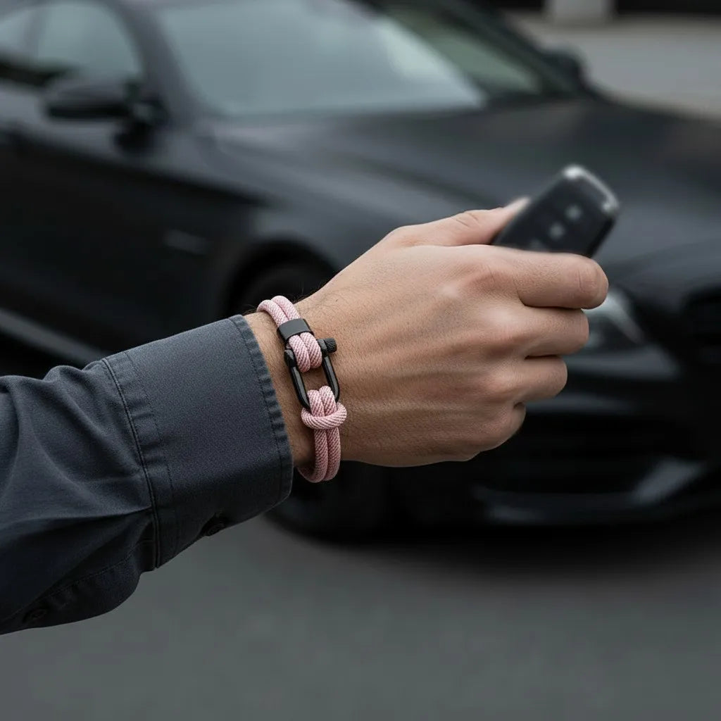 Homem com camisa escura usando pulseira masculina de corda rosa com fecho preto enquanto segura uma chave de carro.