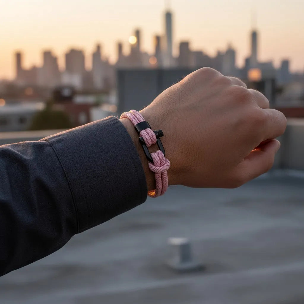 Close de pulseira masculina de corda rosa com fecho preto no pulso, com skyline urbano ao fundo no pôr do sol.