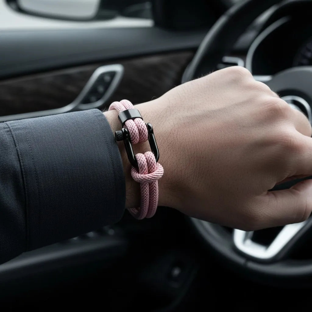 Pulseira masculina de corda rosa com fecho preto no pulso, em destaque dentro de carro com a mão no volante.
