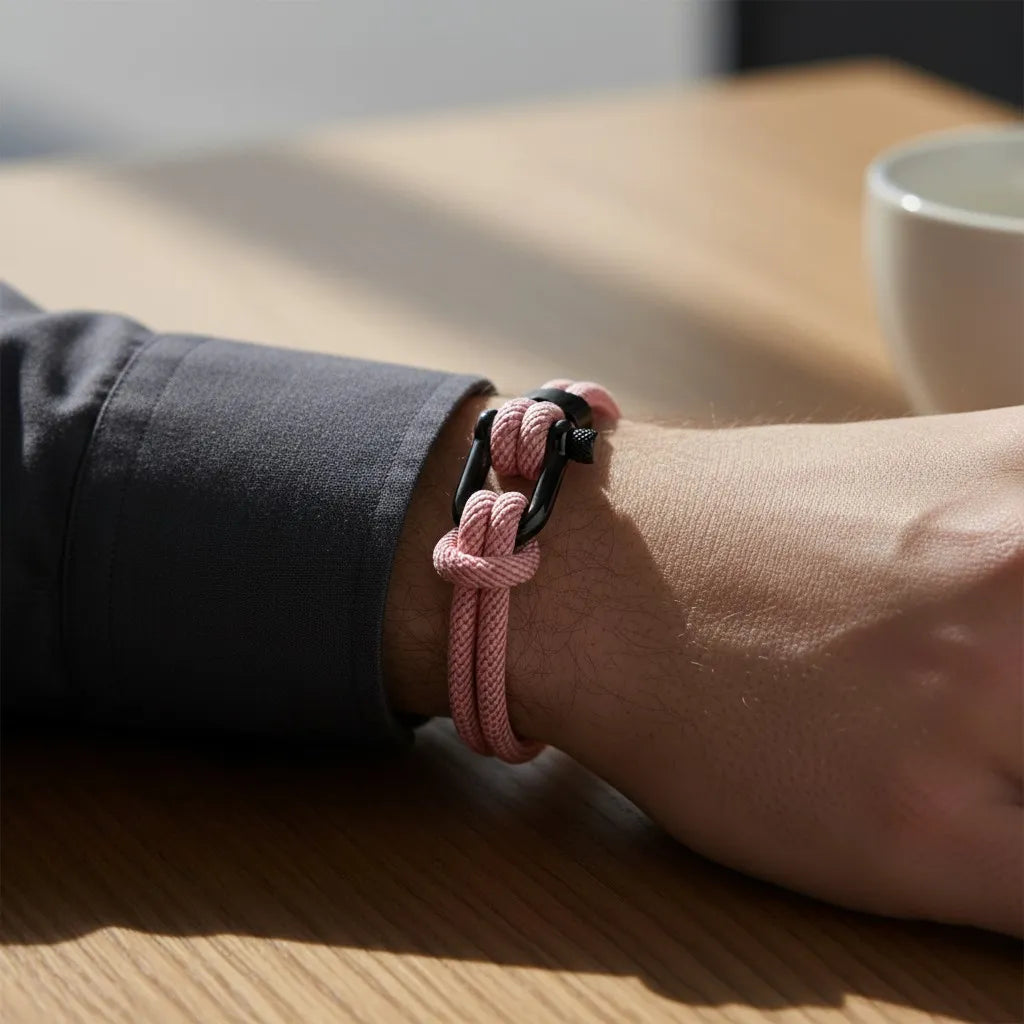 Close de pulseira masculina de corda rosa com fecho preto no pulso apoiado sobre mesa de madeira, com xícara ao fundo.