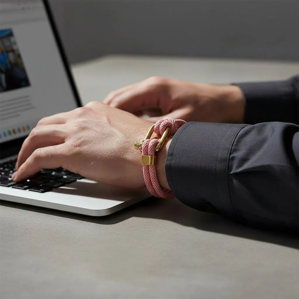 Homem digitando no notebook enquanto usa pulseira masculina de corda rosa com acabamento dourado.