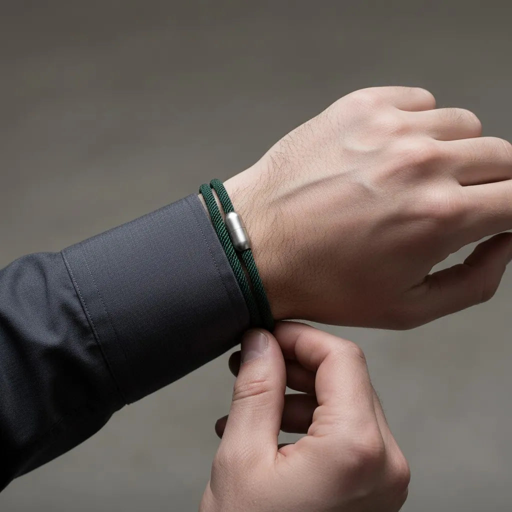 Homem ajustando pulseira masculina de corda verde com volta dupla e fecho metálico prateado no pulso.