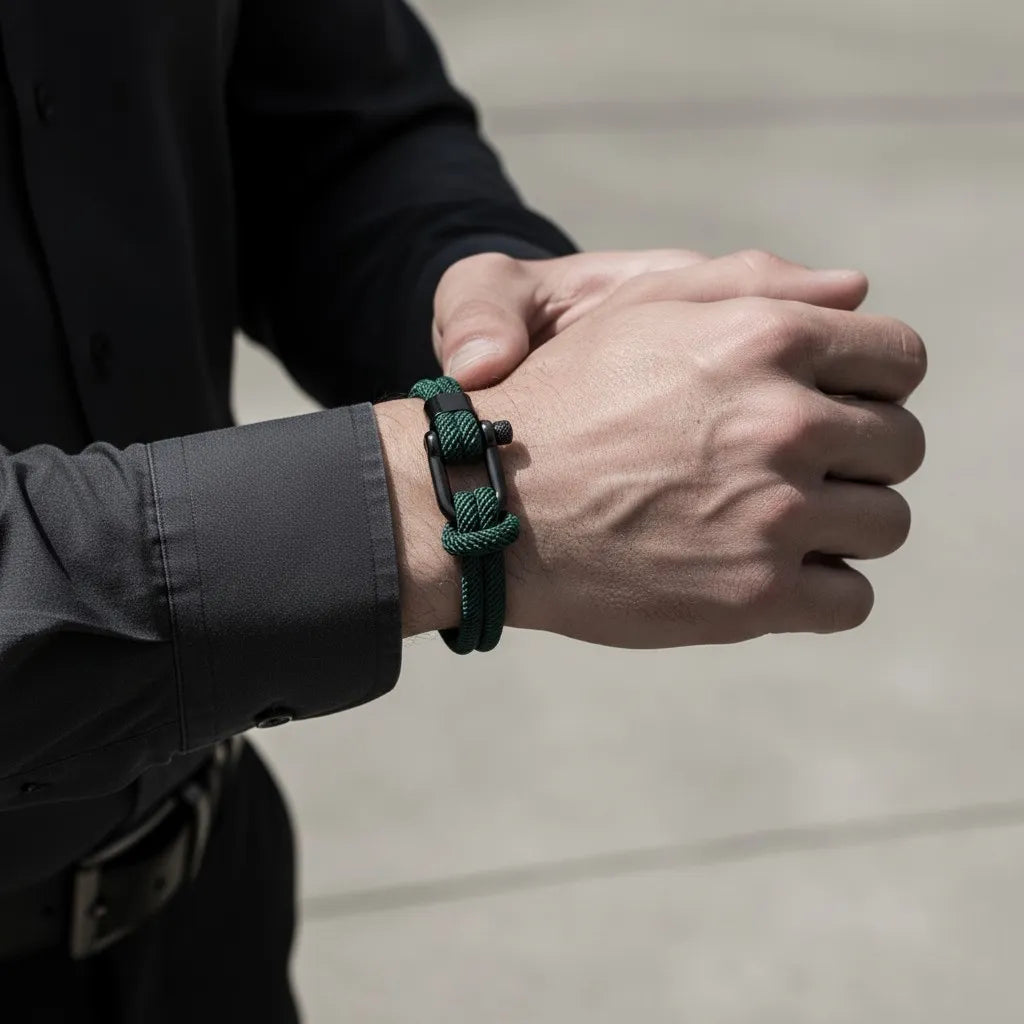 Homem ajustando a pulseira masculina de corda verde com fecho preto no pulso.