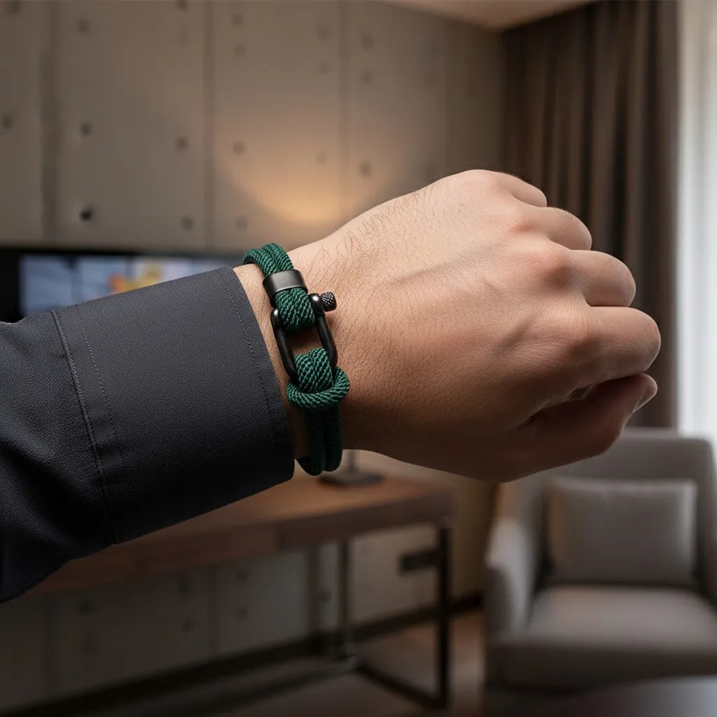 Pulseira masculina de corda verde com fecho preto no pulso, em ambiente interno elegante.