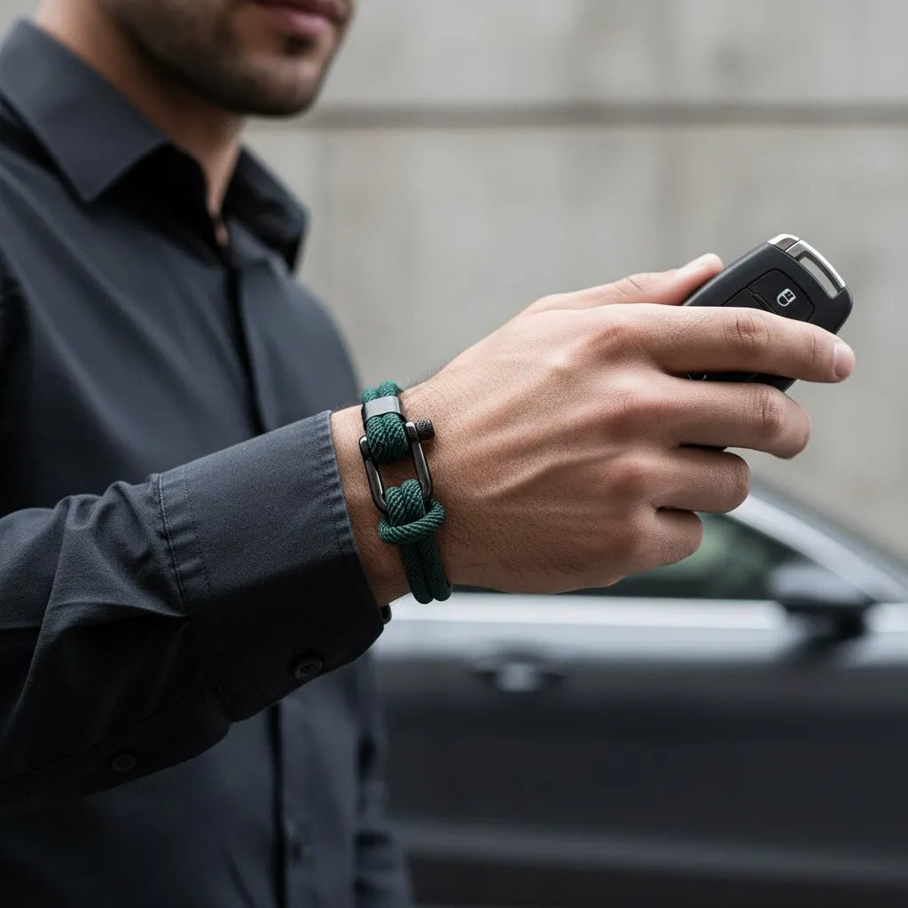Homem com camisa escura usando pulseira masculina de corda verde com fecho preto enquanto segura uma chave de carro.