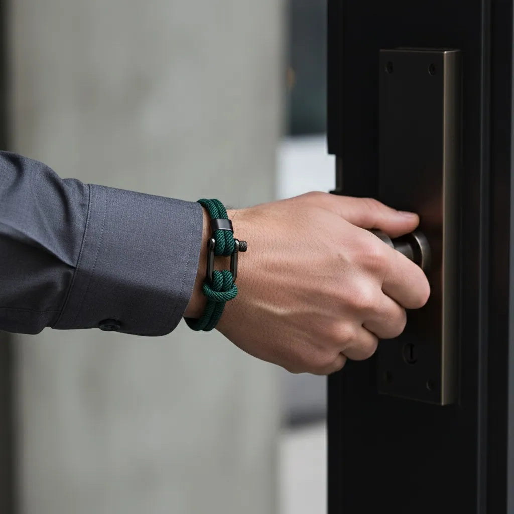 Close de mão abrindo uma porta enquanto usa pulseira masculina de corda verde com fecho preto.