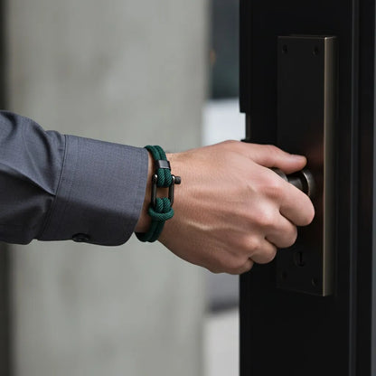 Close de mão abrindo uma porta enquanto usa pulseira masculina de corda verde com fecho preto.