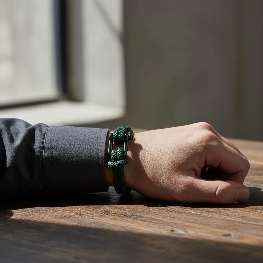 Close de pulseira masculina de corda verde com fecho preto no pulso apoiado sobre mesa de madeira.