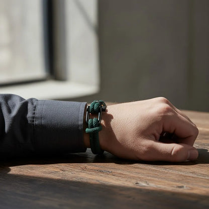 Close de pulseira masculina de corda verde com fecho preto no pulso apoiado sobre mesa de madeira.