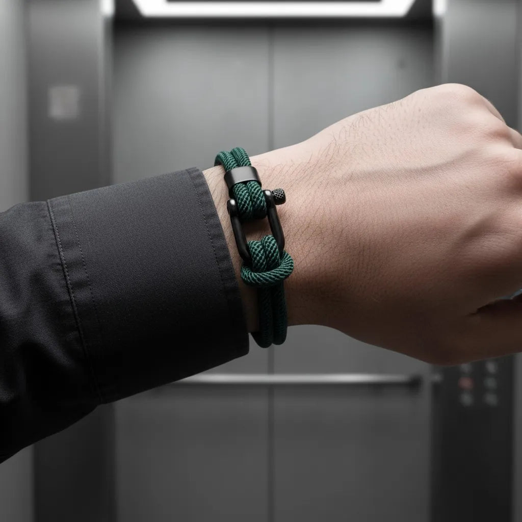 Close de pulseira masculina de corda verde com fecho preto no pulso, em frente a um elevador.