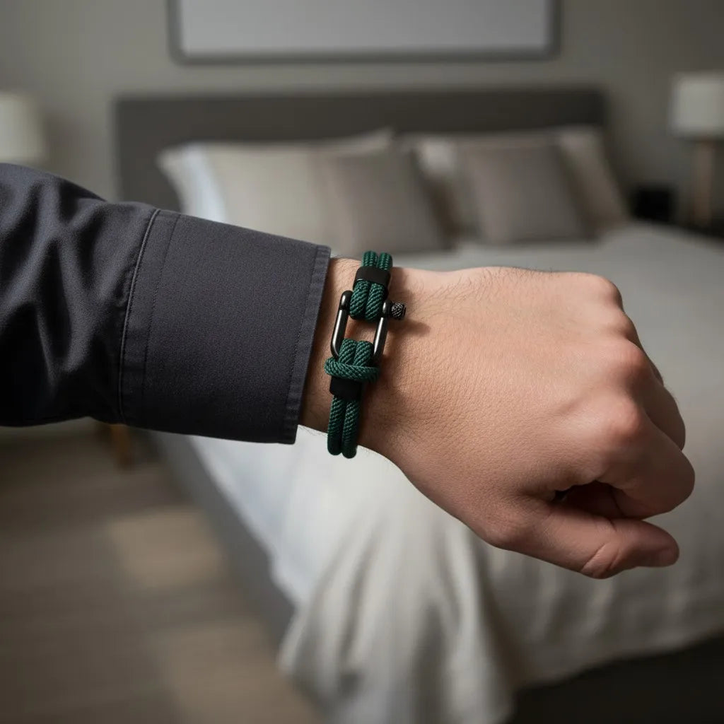 Close de pulseira masculina de corda verde com fecho preto no pulso, com quarto ao fundo.