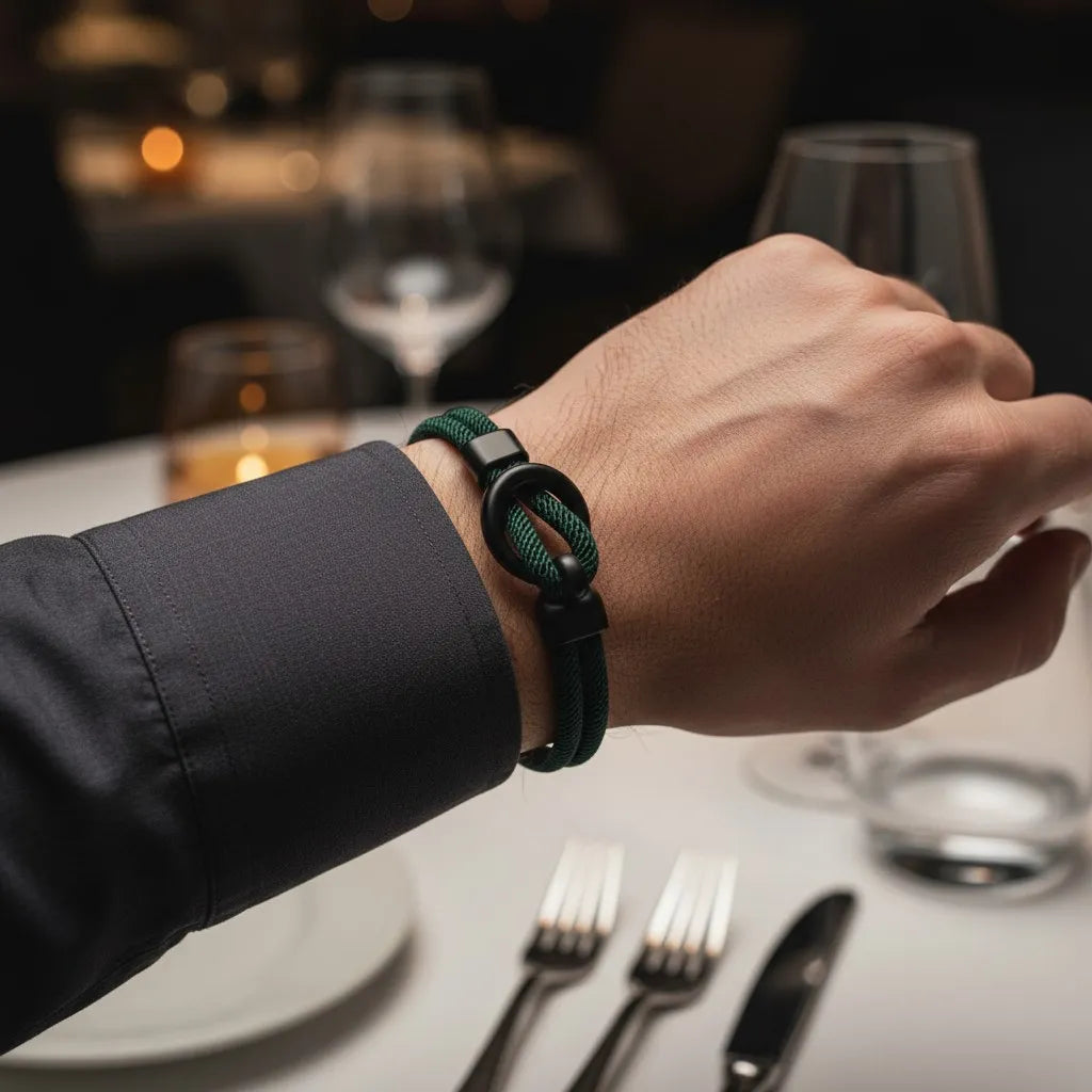 Close de pulseira masculina de corda verde com acabamento preto no pulso durante um jantar.