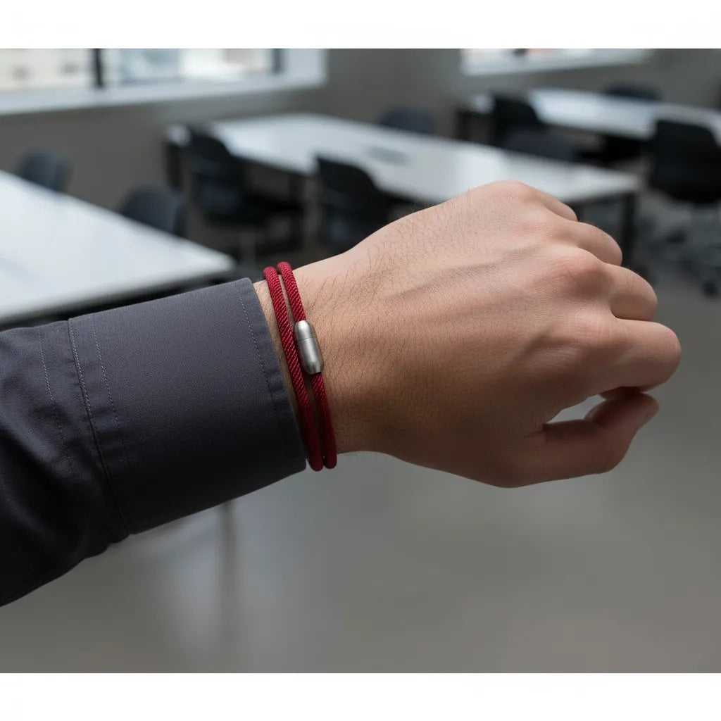 Homem usando pulseira masculina de corda vinho com design minimalista e fecho metálico prateado em ambiente corporativo.