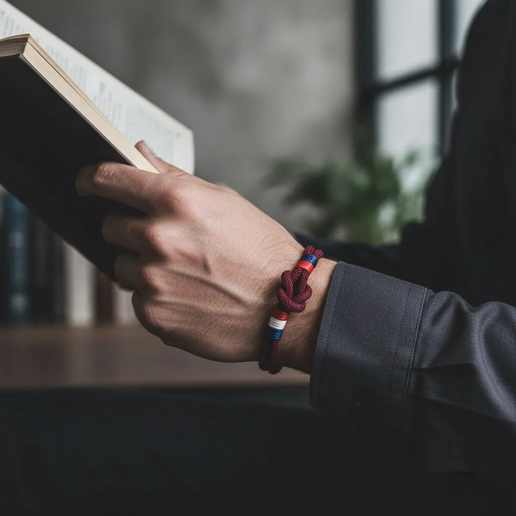 Pulseira masculina de corda vinho com nó central e detalhes tricolores no pulso, enquanto a pessoa segura um livro em ambiente interno.