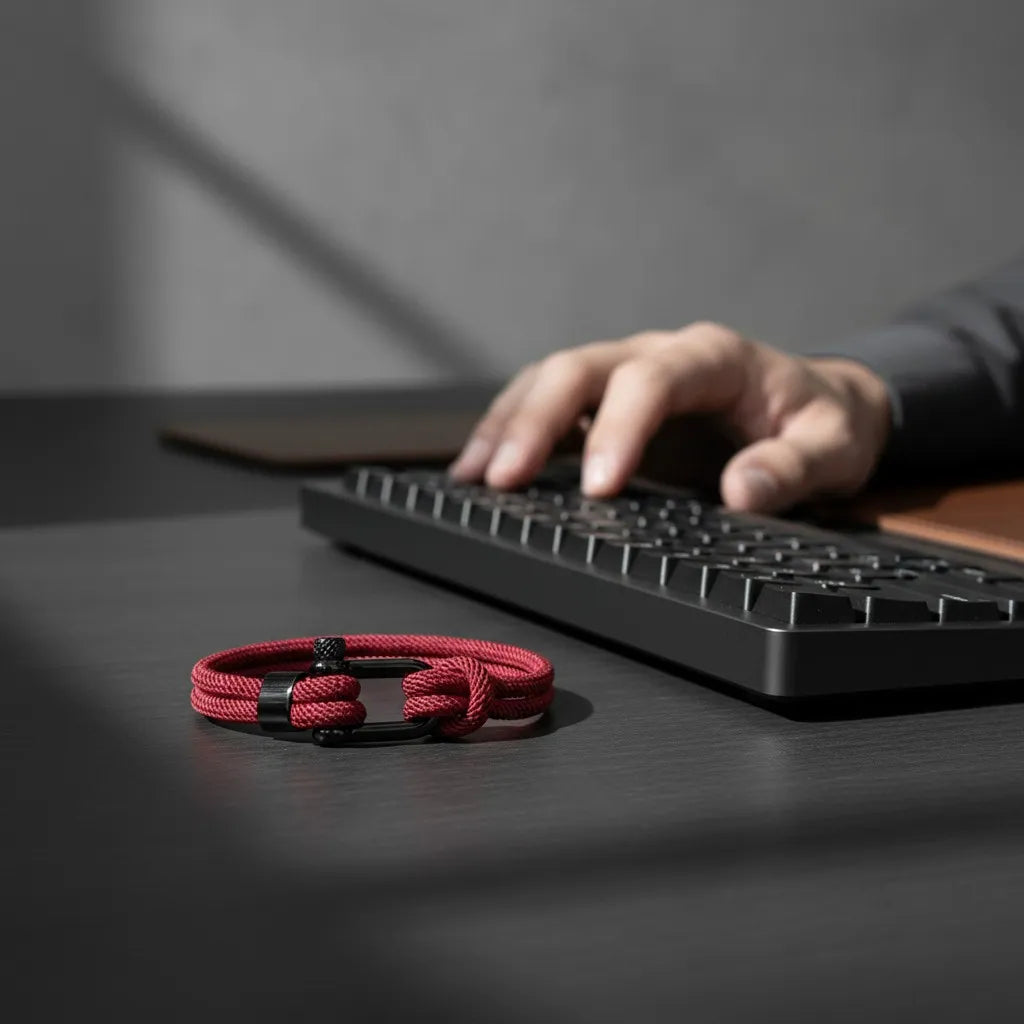Pulseira masculina de corda vinho com fecho preto sobre a mesa ao lado de teclado e mão ao fundo.