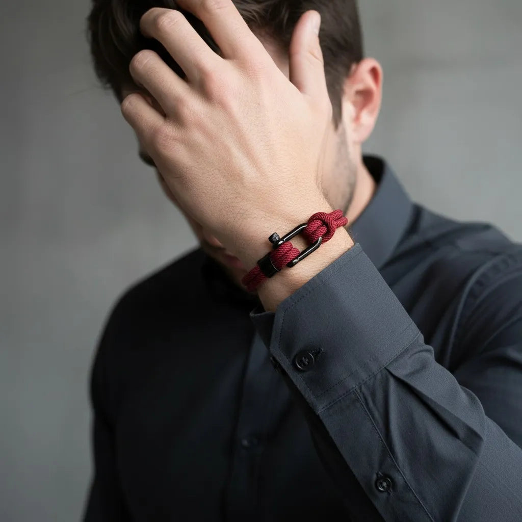Homem em retrato usando pulseira masculina de corda vinho com fecho preto no pulso.