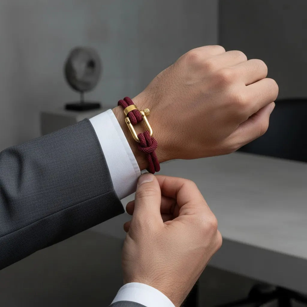 Homem ajustando pulseira masculina de corda vinho com acabamento metálico dourado no pulso.