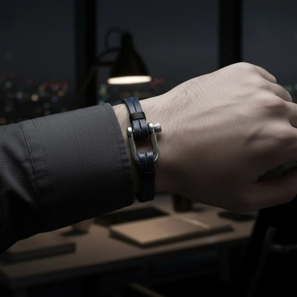 Homem usando pulseira masculina de couro azul com acabamento metálico prateado em escritório noturno.