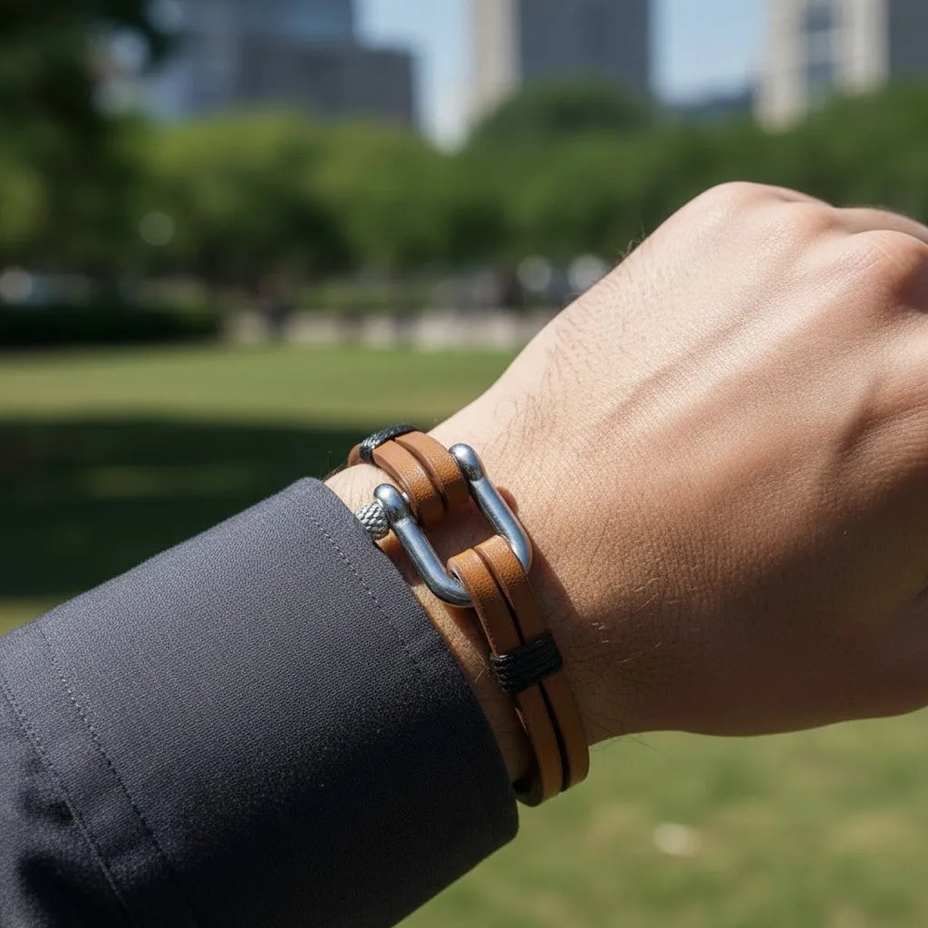Pulseira masculina de couro marrom com detalhe metálico prateado sendo usada no pulso em ambiente ao ar livre.