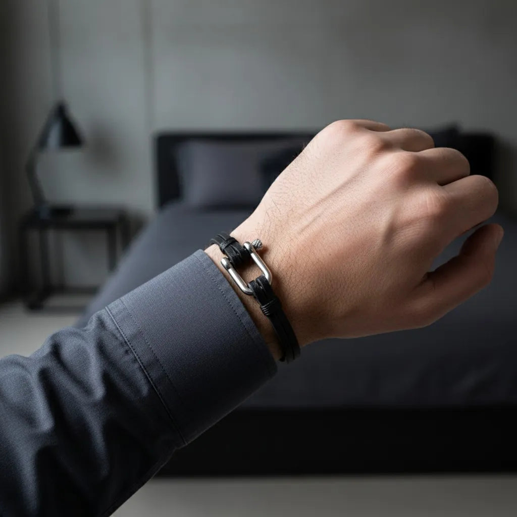 Close da pulseira masculina de couro preta com design minimalista e acabamento metálico prateado em ambiente moderno.