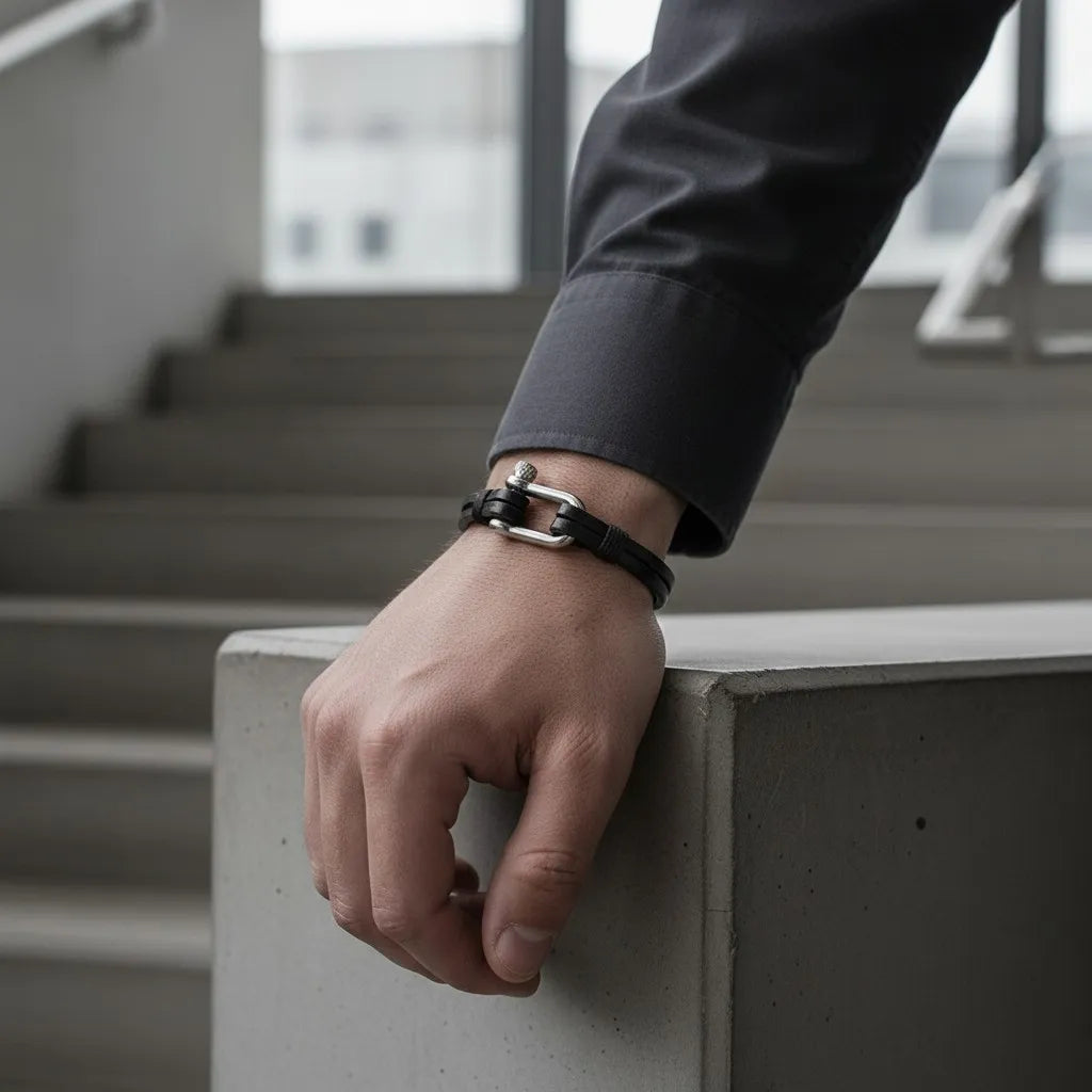Homem usando pulseira masculina de couro preta com acabamento metálico prateado em uma escada de ambiente moderno.