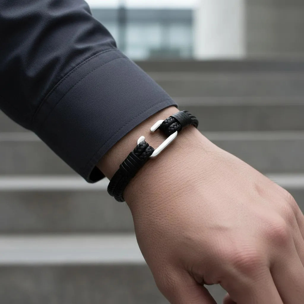 Close da pulseira masculina de couro preto com design trançado e acabamento metálico prateado no pulso.