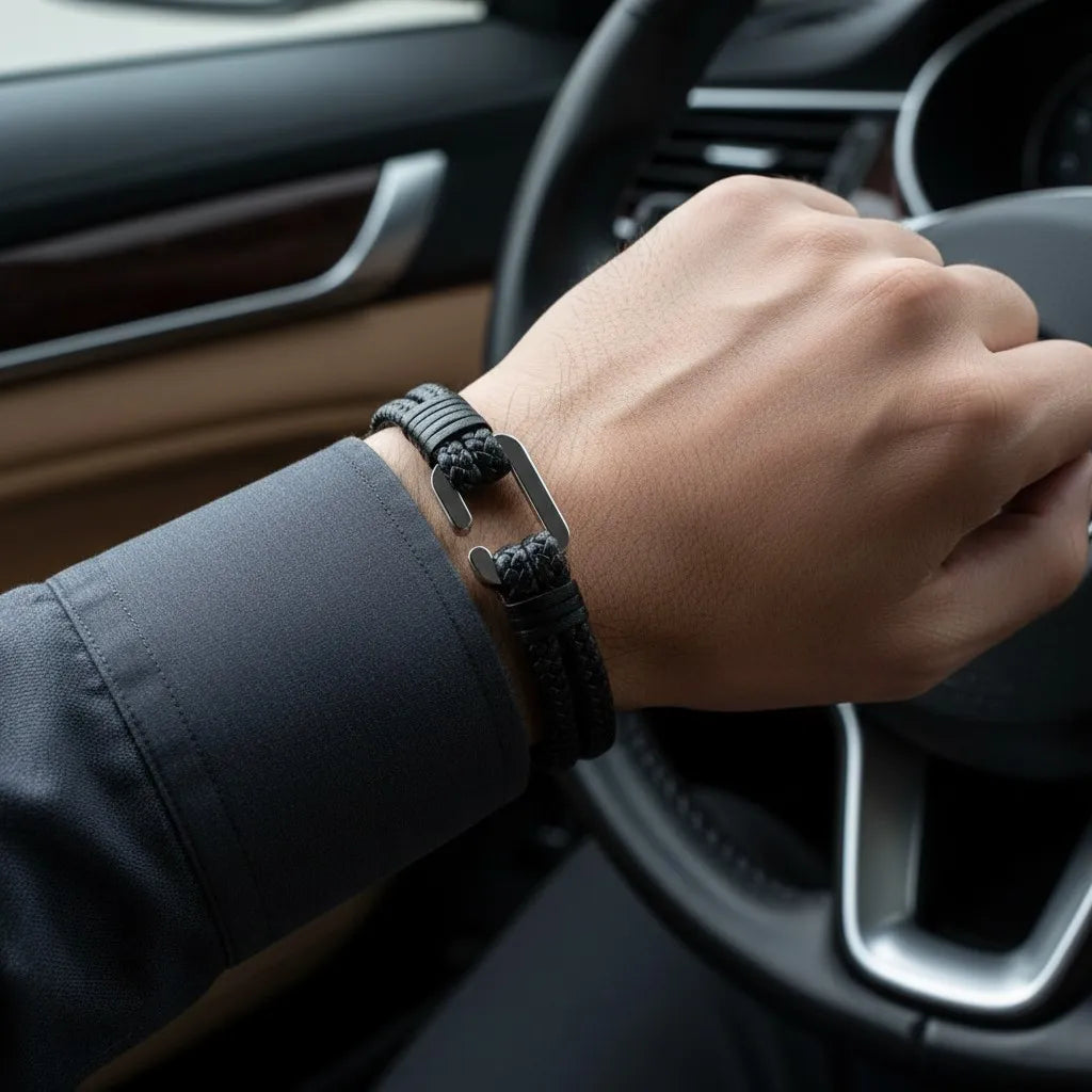 Homem usando pulseira masculina de couro trançado preto com acabamento metálico prateado dentro de um carro.