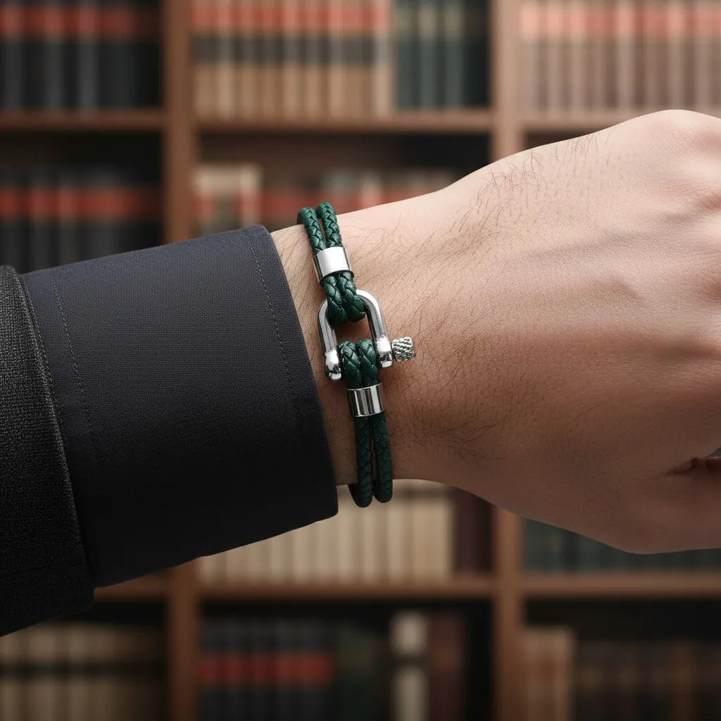 Pulseira masculina de couro verde trançado com fecho metálico em destaque diante de uma estante de livros.