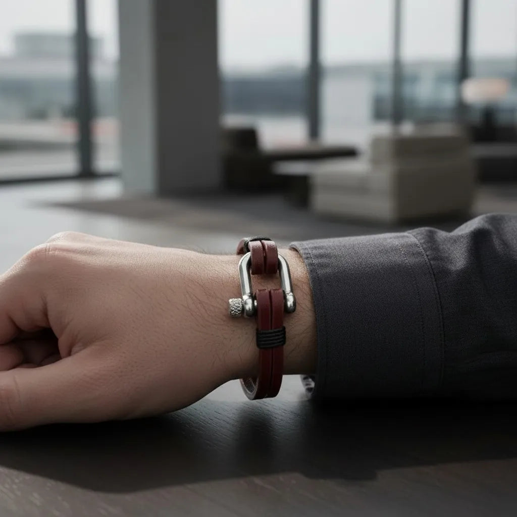 Pulseira masculina de couro vinho com detalhe metálico prateado apoiada no pulso sobre mesa em ambiente moderno.