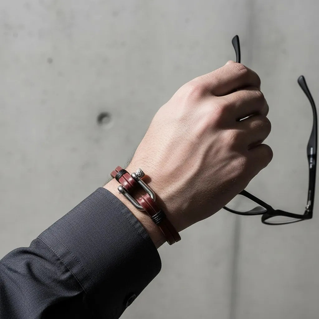 Homem segurando óculos usando pulseira masculina de couro vinho com detalhe metálico prateado.