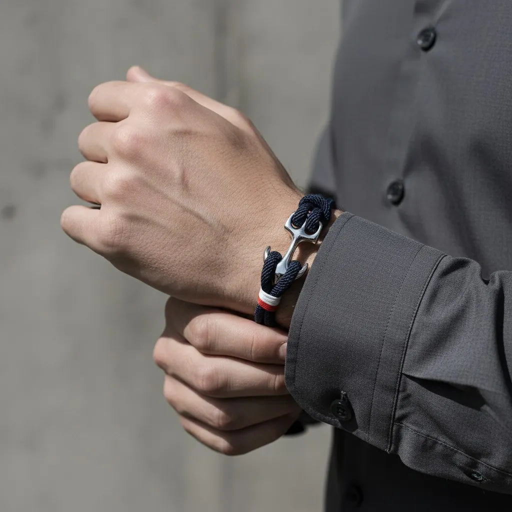 Pulseira de corda azul com âncora em aço no pulso enquanto a outra mão ajusta a manga da camisa.