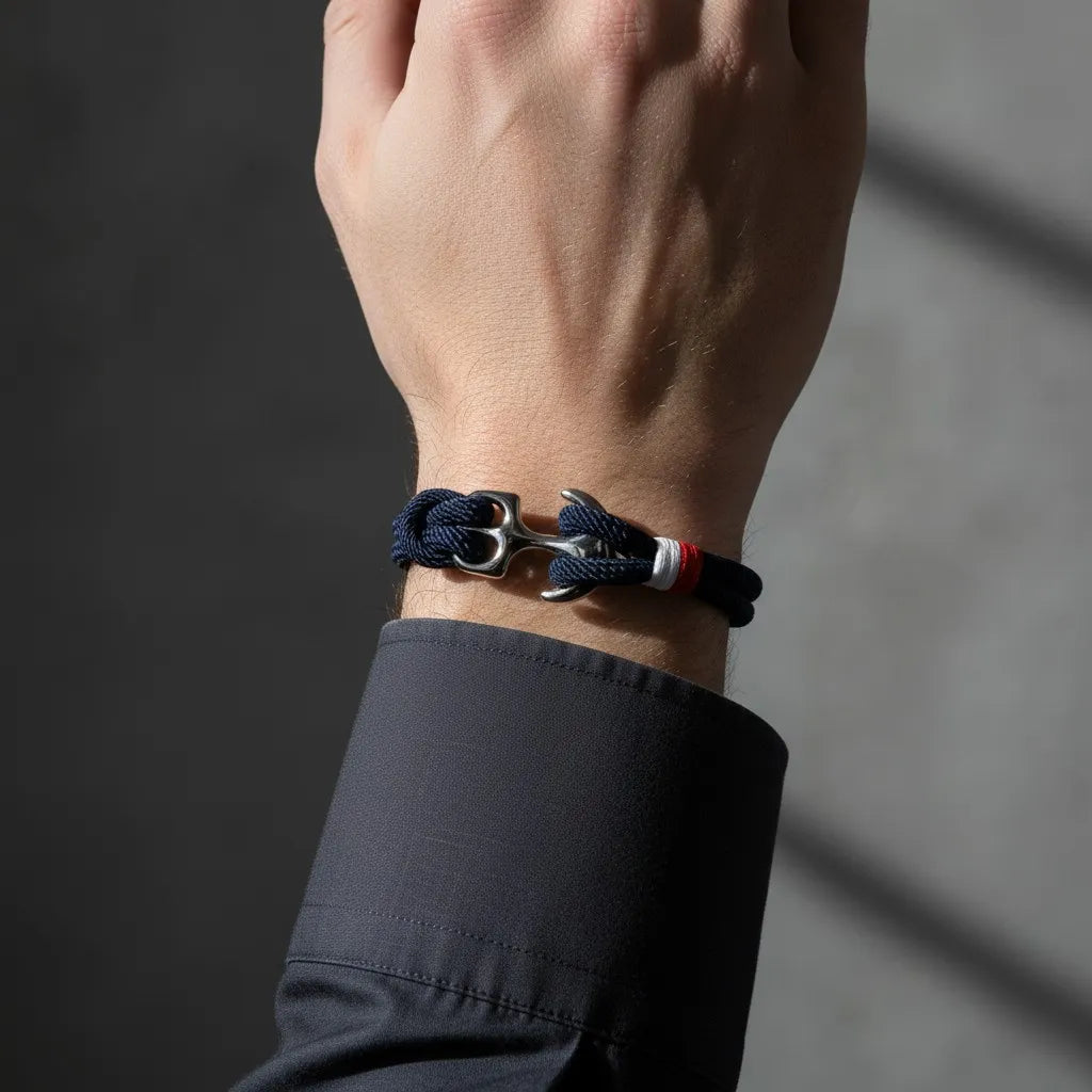 Close vertical da pulseira de corda azul com âncora em aço no pulso, com fundo neutro e iluminação natural.