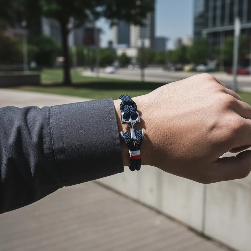 Pulseira de corda azul com âncora em aço exibida no pulso em ambiente urbano ao ar livre.