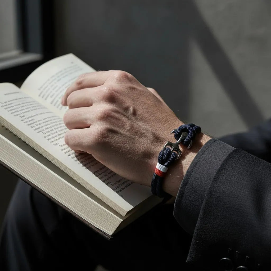 Pulseira de corda azul com âncora em aço no pulso enquanto a pessoa segura um livro aberto.