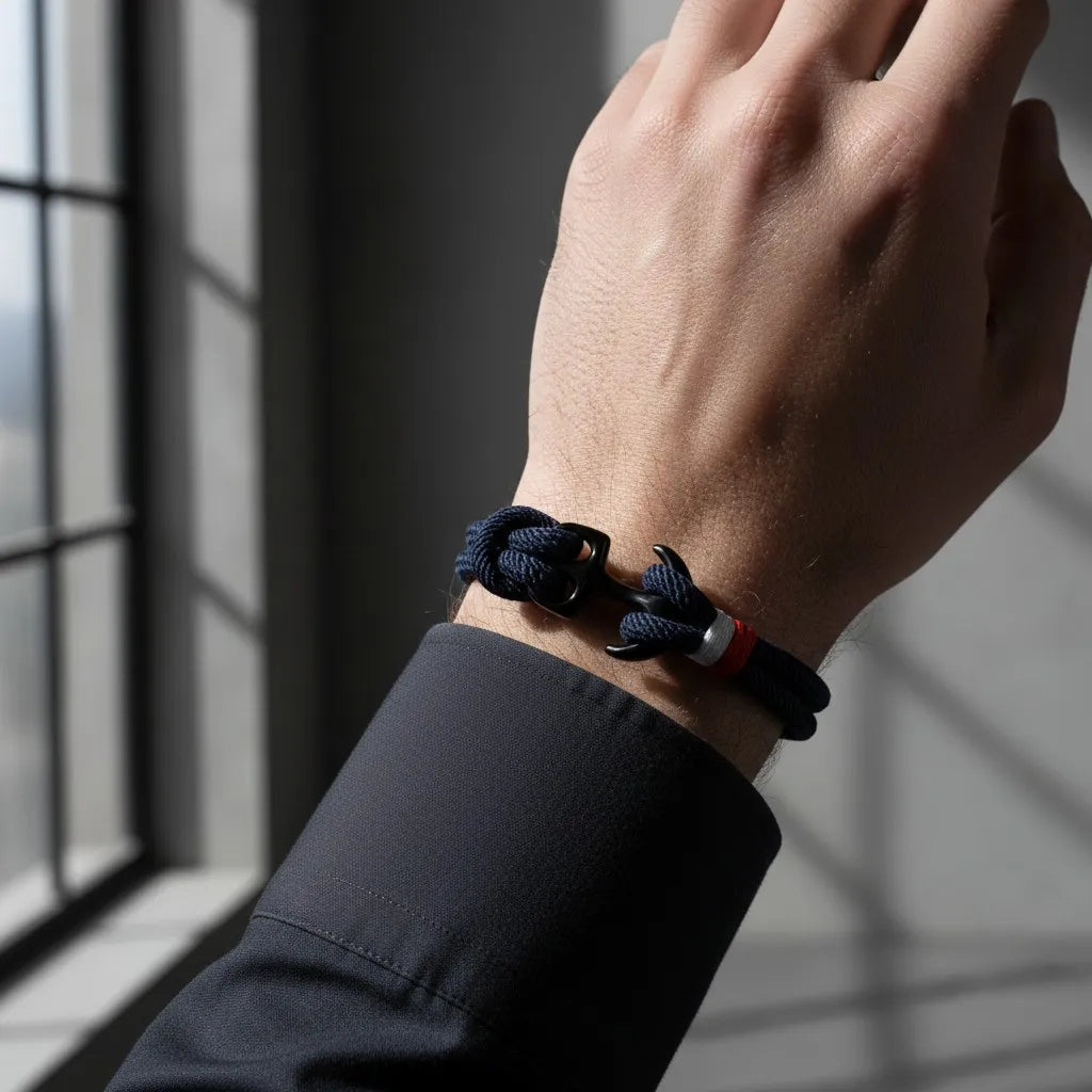 Pulso masculino com pulseira de corda azul-marinho em destaque, fotografado com luz natural ao lado de uma janela.