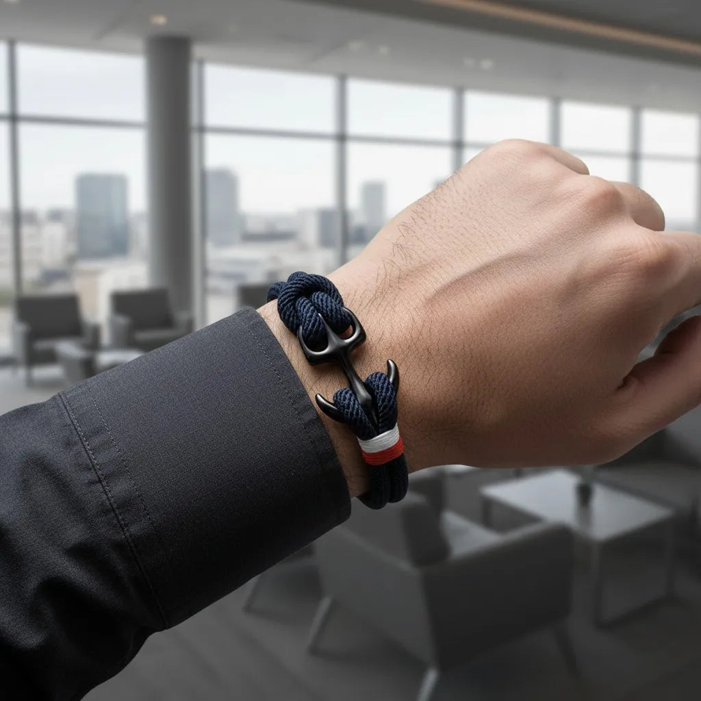 Pulso masculino com pulseira de corda azul-marinho em destaque, em ambiente corporativo com fundo desfocado.