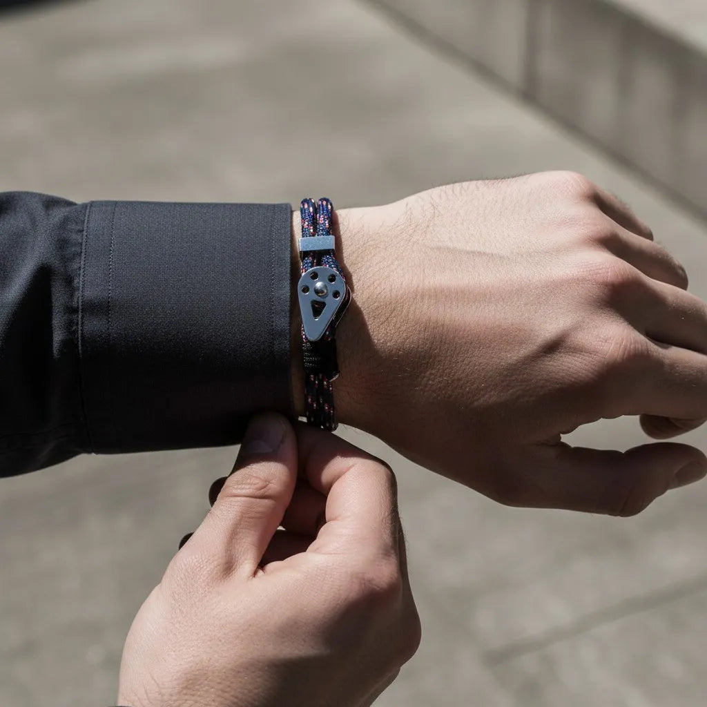 Pulseira masculina de corda azul com detalhe metálico prateado sendo ajustada no pulso com look social.