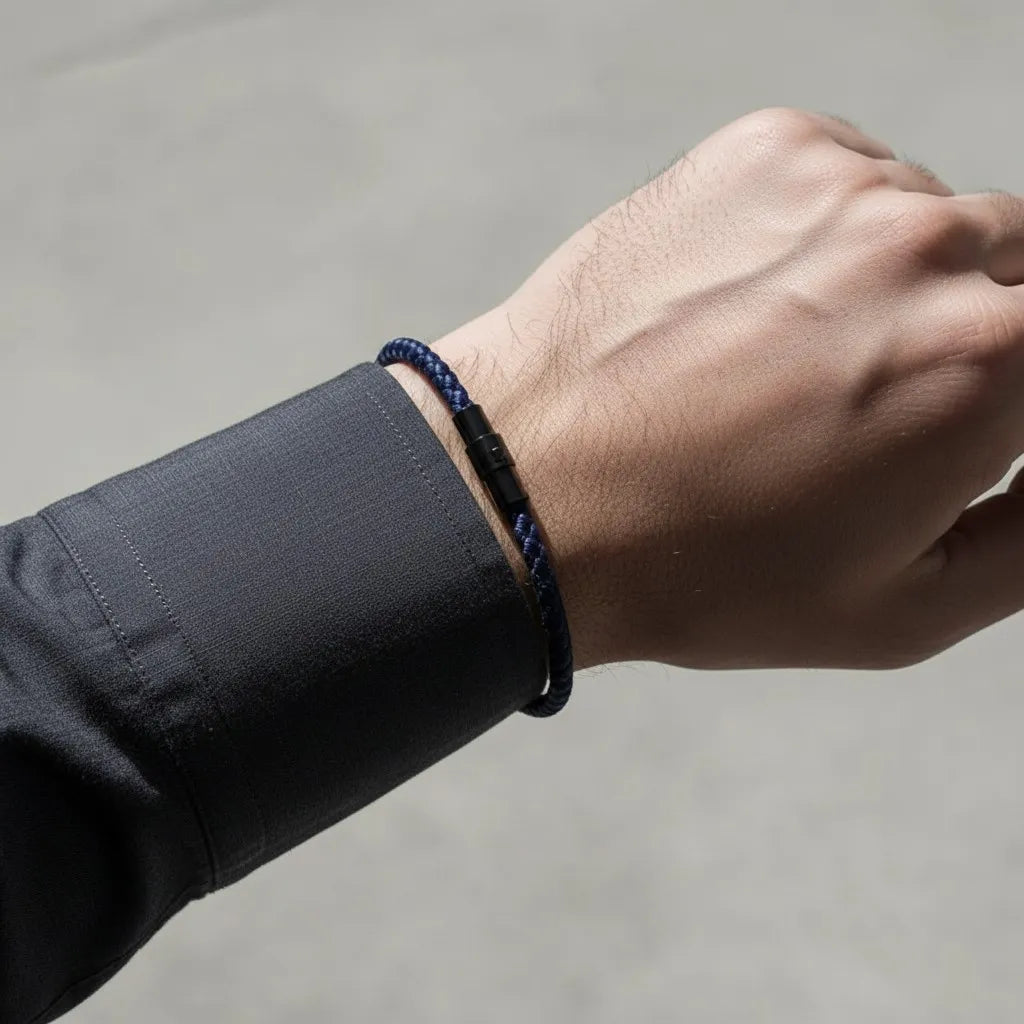 Close da pulseira masculina de corda azul trançada com fecho preto discreto no pulso.