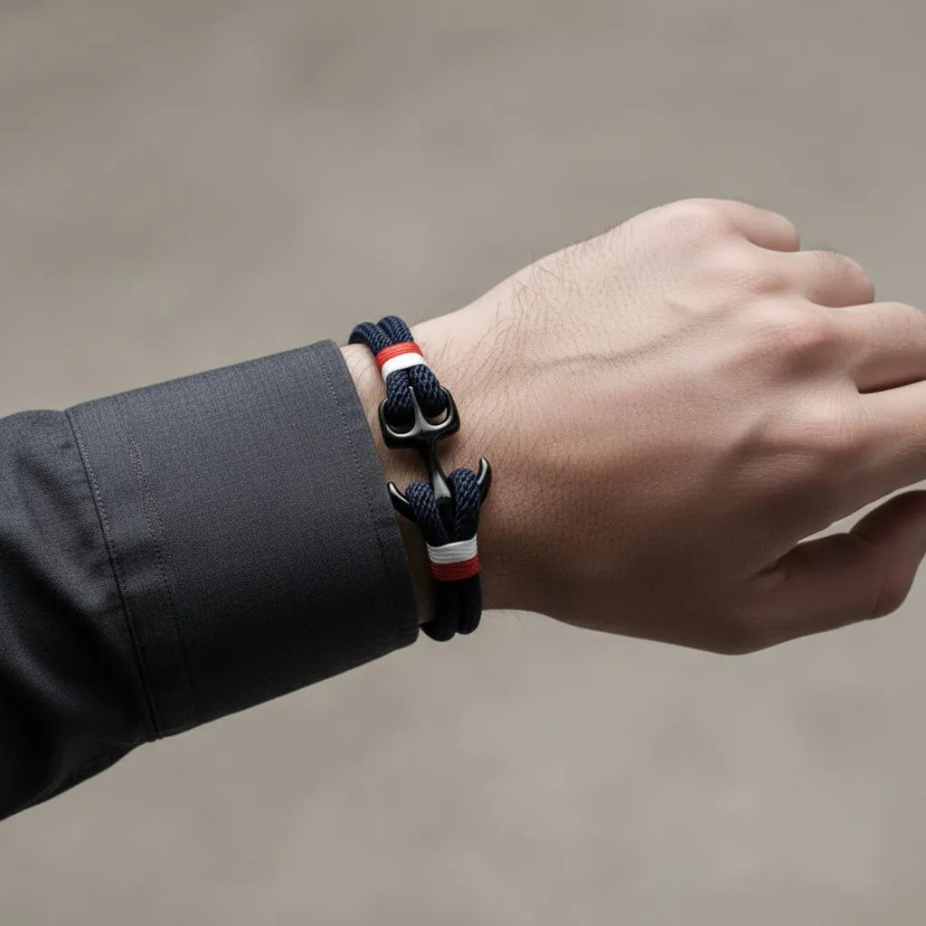 Close no pulso masculino com pulseira de corda azul-marinho, detalhe metálico escuro e faixa branca e vermelha.