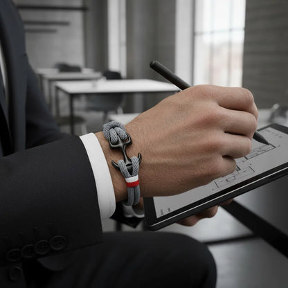 Pulso masculino segurando tablet com caneta, usando pulseira de corda cinza com âncora preta e detalhe em vermelho e branco.