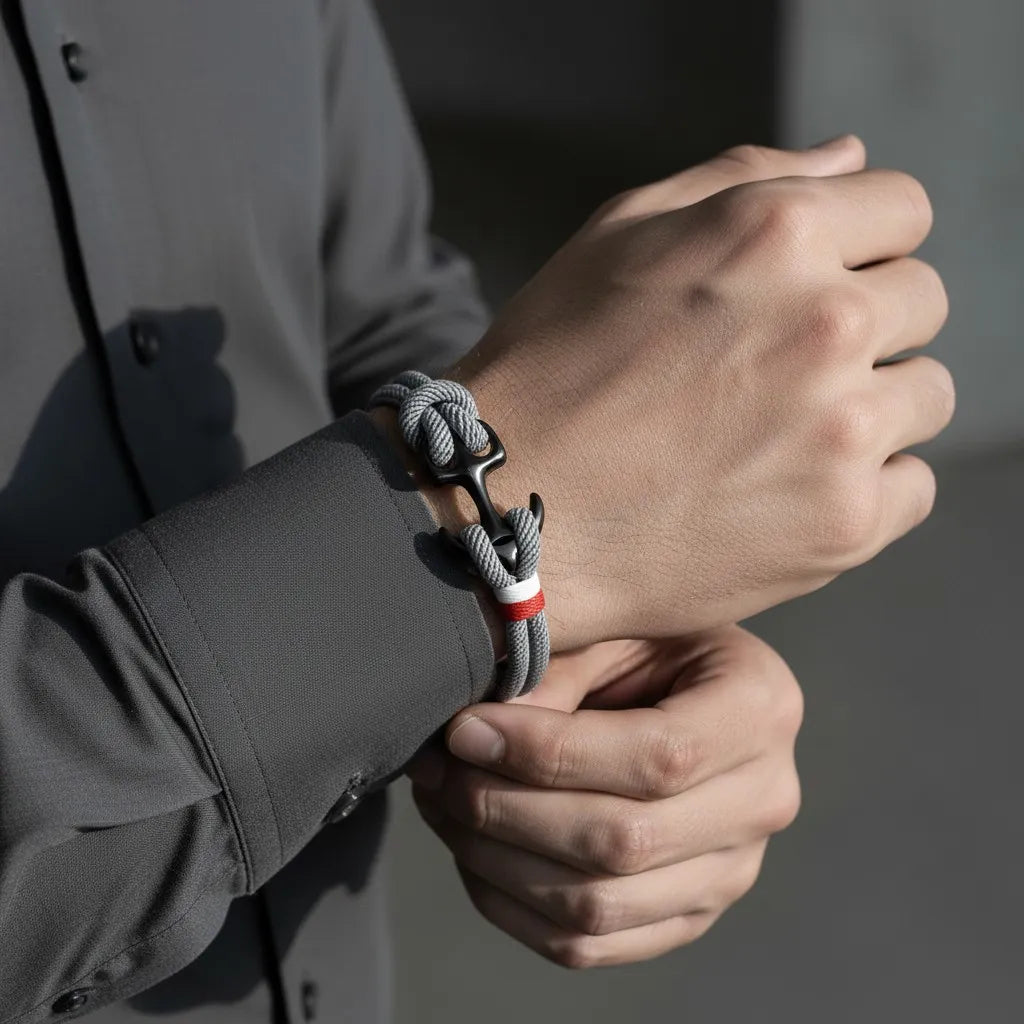 Close no pulso masculino com pulseira de corda cinza, âncora preta e detalhe em vermelho e branco, enquanto a outra mão ajusta a manga.